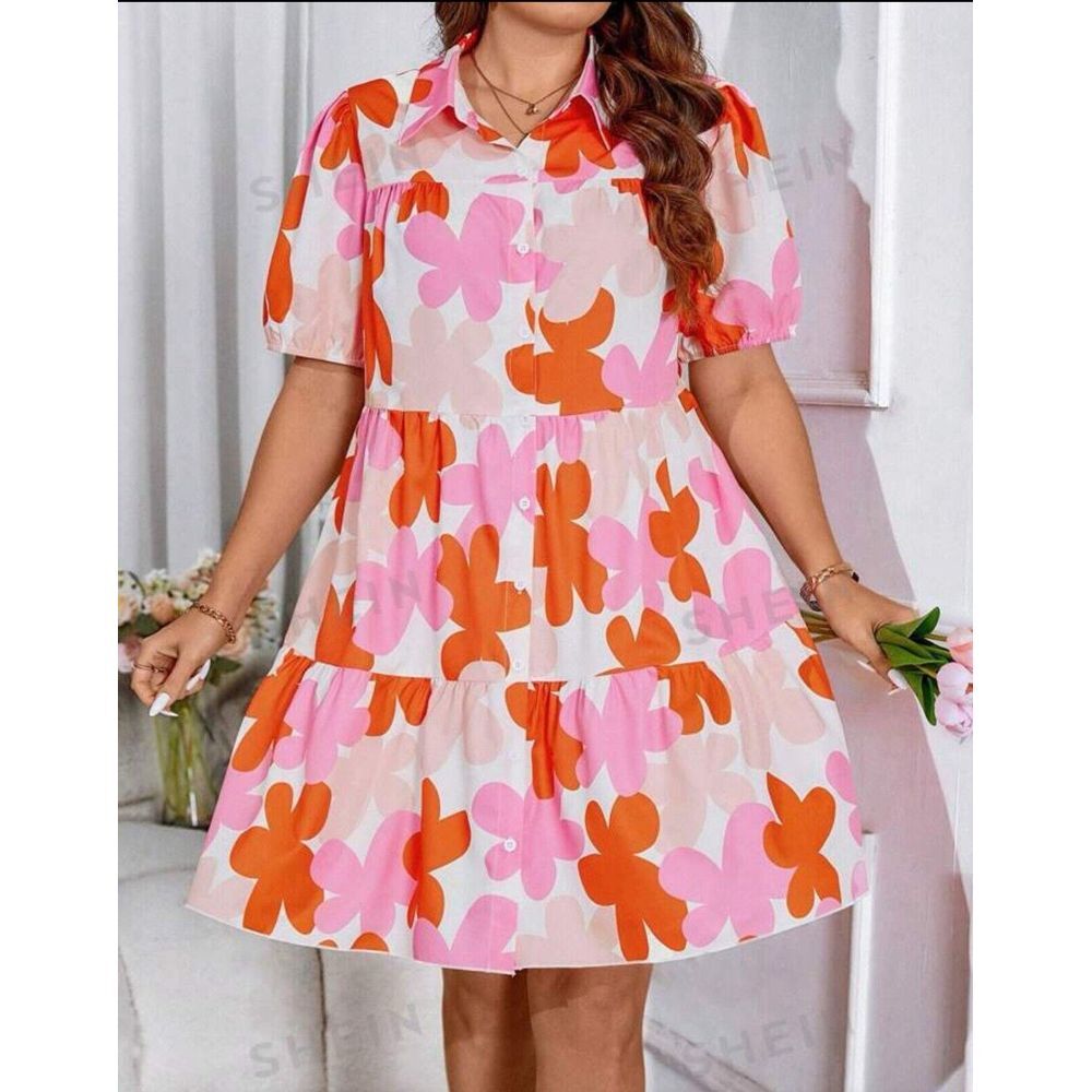 Shein Dress Women Size XS Floral Print Pink Button‎ Front Tiered Collared
